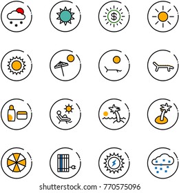 line vector icon set - snowfall vector, sun, dollar, beach, lounger, uv cream, palm, parasol, panel, power, snow