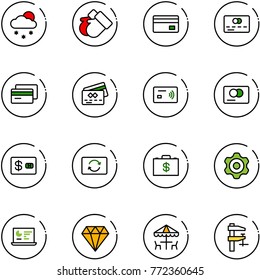 line vector icon set - snowfall vector, gloves, credit card, tap pay, exchange, money case, gear, statistics monitor, diamond, outdoor cafe, clamp