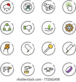 line vector icon set - snowfall vector, fork spoon plate, cash pay, hand cursor, social, dislike, sproute, wheel, kite, fretsaw, rubber hammer, metal hacksaw, drill machine, pipe welding, tambourine