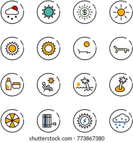 line vector icon set - snowfall vector, sun, dollar, lounger, uv cream, beach, palm, parasol, panel, power, snow