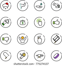 line vector icon set - snowfall vector, power hand, drop, card pay, cash, purse, cursor, like, dislike, success, victory, bucksaw, fretsaw, Angular grinder, pipe welding, tambourine