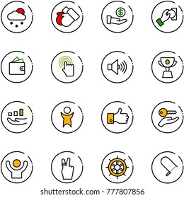 line vector icon set - snowfall vector, gloves, investment, cash pay, wallet, hand cursor, volume max, cup, growth, success, finger up, key, victory, wheel, fretsaw