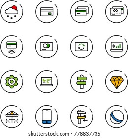 line vector icon set - snowfall vector, credit card, tap pay, exchange, account statistics, gear, monitor, signpost, diamond, outdoor cafe, mobile phone, clamp, ball