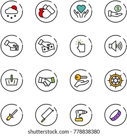 line vector icon set - snowfall vector, gloves, heart care, investment, card pay, cash, hand touch, volume max, basket, agreement, key, wheel, clinch, metal hacksaw, drill, tambourine