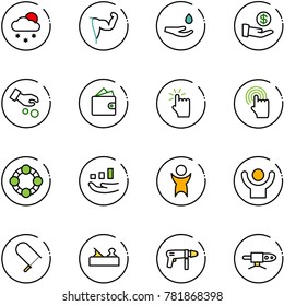 line vector icon set - snowfall vector, power hand, drop, investment, wallet, touch, cursor, friends, growth, success, fretsaw, jointer, drill machine, pipe welding