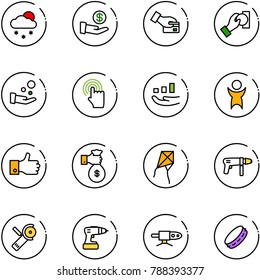 line vector icon set - snowfall vector, investment, card pay, cash, hand cursor, growth, success, finger up, rich, kite, drill machine, Angular grinder, pipe welding, tambourine