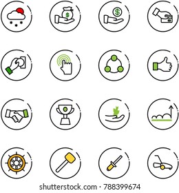 line vector icon set - snowfall vector, investment, card pay, cash, hand cursor, social, like, agreement, cup, sproute, growth, wheel, rubber hammer, clinch, lawn mower