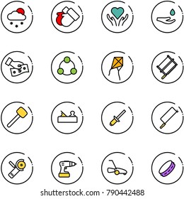 line vector icon set - snowfall vector, gloves, heart care, drop hand, cash pay, social, kite, bucksaw, rubber hammer, jointer, clinch, metal hacksaw, Angular grinder, drill, lawn mower, tambourine