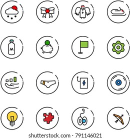 line vector icon set - snowfall vector, bow, angel, snowmobile, milk, piggy bank, flag, gear, growth, swimsuit, power, cd, bulb, puzzle, yoyo
