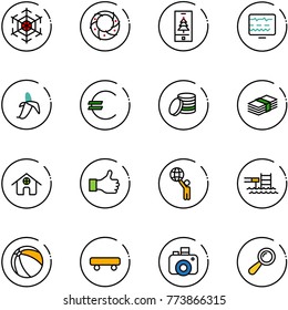 line vector icon set - snowflake vector, christmas wreath, mobile, diagnostic monitor, banana, euro, coin, dollar, home, like, world, pool, ball, skateboard, camera, beanbag