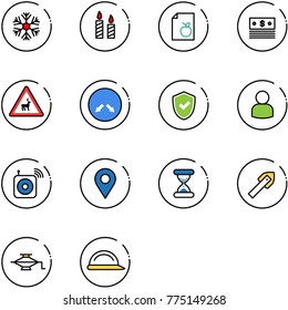 line vector icon set - snowflake vector, candle, diet list, dollar, wild animals road sign, detour, shield check, user, wireless speaker, navigation pin, sand clock, tile drill, jack
