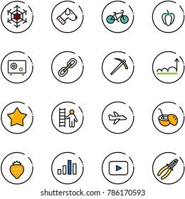 line vector icon set - snowflake vector, dog, bike, sweet pepper, safe, link, job, growth, star medal, opportunity, plane, coconut cocktail, strawberry, chart, playback, pliers