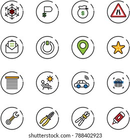 line vector icon set - snowflake vector, ruble, money bag, Road narrows sign, opened mail, standby, map pin, starfish, jalousie, beach, car wireless, fingerprint scanner, wrench, pliers, bolt cutter