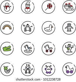 line vector icon set - snowman vector, lollipop, santa sleigh, rainbow, robot, duck toy, crocodile, rocking horse, wheel, caterpillar, monster