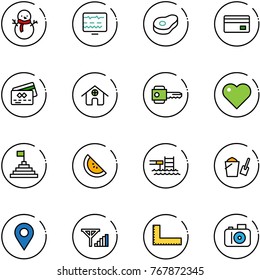 line vector icon set - snowman vector, diagnostic monitor, meat, credit card, home, key, heart, pyramid flag, watermelone, pool, bucket scoop, navigation pin, fine signal, corner ruler, camera