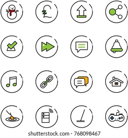 line vector icon set - snowman vector, pound, uplooad, share, check, fast forward, chat, bell, music, link, dialog, home, fishing, server wireless, rake, gamepad