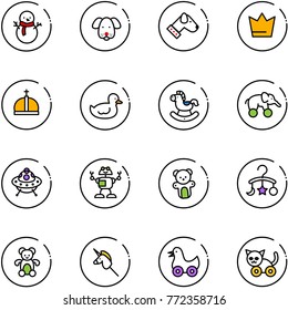 line vector icon set - snowman vector, dog, crown, duck toy, rocking horse, elephant wheel, ufo, robot, bear, baby carousel, unicorn stick, cat