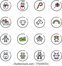 line vector icon set - snowman vector, lollipop, santa sleigh, dog, rainbow, robot, crocodile, ufo toy, doll, rabbit, bear, monster