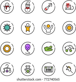 line vector icon set - snowman vector, champagne, sleigh gift, sun, success, balloon smile, crocodile, elephant wheel, baby carousel, bear toy, piano, unicorn stick