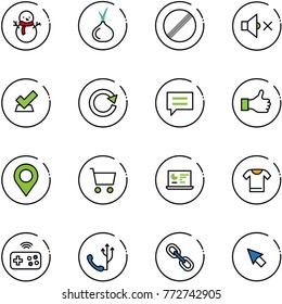 line vector icon set - snowman vector, onion, no limit road sign, volume off, check, reload, chat, like, map pin, cart, statistics monitor, t shirt, joystick wireless, phone, link, cursor