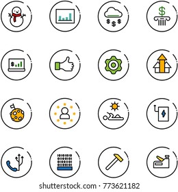 line vector icon set - snowman vector, statistics, money rain, bank, account, like, gear, arrows up, moon flag, star man, reading, power, phone, binary code, hammer, stapler