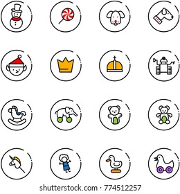 line vector icon set - snowman vector, lollipop, dog, christmas elf, crown, robot, rocking horse, elephant wheel, bear toy, unicorn stick, doll, duck