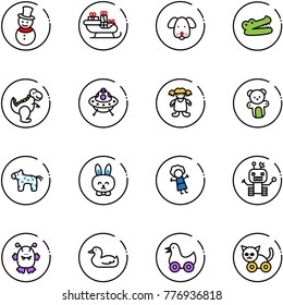 line vector icon set - snowman vector, santa sleigh, dog, crocodile, dinosaur toy, ufo, doll, bear, horse, rabbit, robot, monster, duck, cat
