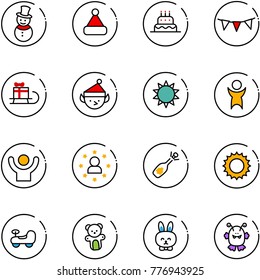 line vector icon set - snowman vector, christmas hat, cake, flag garland, sleigh gift, elf, sun, success, star man, fizz opening, baby car, bear toy, rabbit, monster