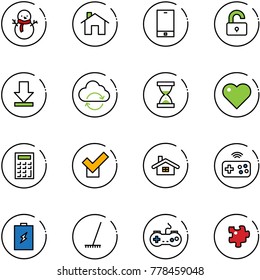 Line Vector Icon Set - Snowman Vector, Home, Phone, Unlocked, Download, Refresh Cloud, Sand Clock, Heart, Calculator, Check, Joystick Wireless, Battery, Rake, Gamepad, Puzzle