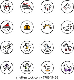 line vector icon set - snowman vector, santa sleigh, dog, christmas elf, crown, rainbow, duck toy, dinosaur, bear, rocking horse, wheel, ufo, robot