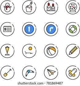line vector icon set - snowman vector, champagne, candle, snowball, finance calendar, only forward road sign, right, lifebuoy, pennant, lounger, ball, pencil, shovel, boomerang, paper plane, soother