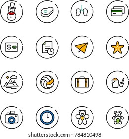 line vector icon set - snowman vector, meat, lungs, credit card, history, paper fly, starfish, mountains, volleyball, suitcase, bucket scoop, camera, clock, bear toy