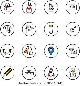 line vector icon set - snowman vector, lab, credit card, insurance, home, tie, key, luck, flippers, navigation pin, fine signal, pencil, jack, rocket, bear toy