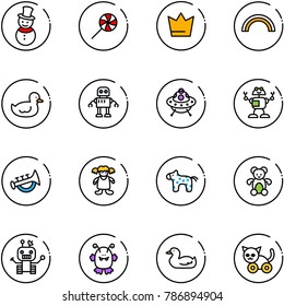 line vector icon set - snowman vector, lollipop, crown, rainbow, duck toy, robot, ufo, horn, doll, horse, bear, monster, cat