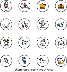 line vector icon set - snowman vector, santa sleigh, crown, duck toy, wheel horse, robot, horn, doll, rabbit, baby carousel, unicorn stick, cat