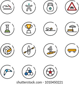 line vector icon set - snowmobile vector, gymnastics, weight, road for moto sign, chess queen, win cup, swimming, inflatable pool, volleyball, kayak, surfing, skateboard, boomerang, billiards balls