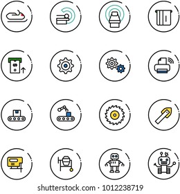 line vector icon set - snowmobile vector, mri, atm, gear, printer wireless, conveyor, saw disk, tile drill, jig, cocncrete mixer, robot