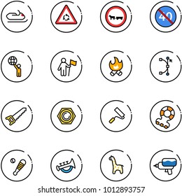 line vector icon set - snowmobile vector, round motion road sign, no cart horse, end minimal speed limit, world, win, fire, bezier, saw, nut, paint roller, teethers, baseball bat, horn toy, giraffe