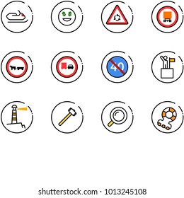 line vector icon set - snowmobile vector, dollar smile, round motion road sign, no dangerous cargo, cart horse, truck overtake, end minimal speed limit, win, lighthouse, sledgehammer, magnifier