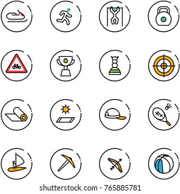 line vector icon set - snowmobile vector, run, pull ups, weight, road for moto sign, cup, chess queen, target, mat, cap, badminton, windsurfing, axe, bow, basketball