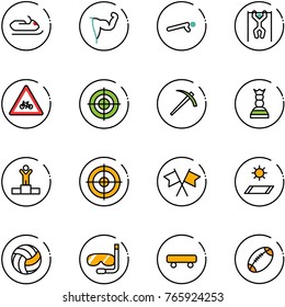 line vector icon set - snowmobile vector, power hand, push ups, pull, road for moto sign, target, job, chess queen, winner, flags cross, mat, volleyball, diving, skateboard, football