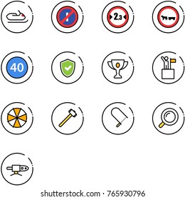 line vector icon set - snowmobile vector, no parkin odd, limited width road sign, cart horse, minimal speed limit, shield check, gold cup, win, parasol, sledgehammer, fretsaw, magnifier