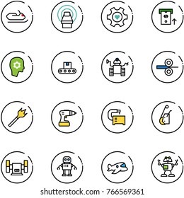 line vector icon set - snowmobile vector, mri, heart gear, atm, brain work, conveyor, robot, steel rolling, wood drill, machine tool, winch, sharpening, plane toy