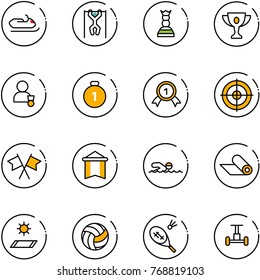 line vector icon set - snowmobile vector, pull ups, chess queen, gold cup, winner, medal, target, flags cross, pennant, swimming, mat, volleyball, badminton, gyroscope