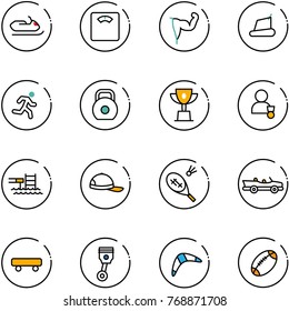 line vector icon set - snowmobile vector, floor scales, power hand, treadmill, run, weight, win cup, winner, pool, cap, badminton, cabrio, skateboard, piston, boomerang, football