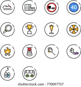 line vector icon set - snowmobile vector, hospital building, no trailer road sign, minimal speed limit, magnifier, win cup, pennant, parasol, fire, pyramid toy, horse stick, constructor blocks, yoyo
