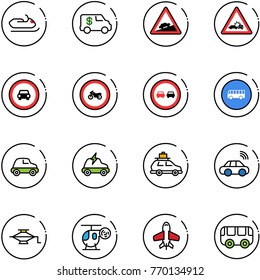 line vector icon set - snowmobile vector, encashment car, climb road sign, crash, no, moto, overtake, bus, electric, baggage, wireless, jack, helicopter toy, plane