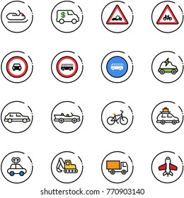 line vector icon set - snowmobile vector, encashment car, crash road sign, for moto, no, bus, electric, limousine, cabrio, bike, baggage, toy, excavator, truck, plane