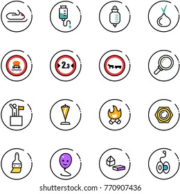 line vector icon set - snowmobile vector, drop counter, onion, no dangerous cargo road sign, limited width, cart horse, magnifier, win, pennant, fire, nut, brush, balloon smile, constructor blocks