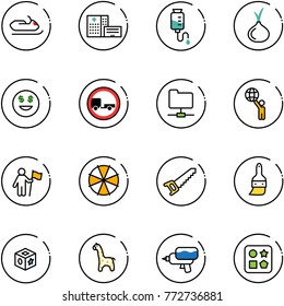 line vector icon set - snowmobile vector, hospital building, drop counter, onion, dollar smile, no trailer road sign, network folder, world, win, parasol, saw, brush, cube toy, giraffe, water gun